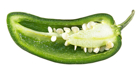 Green jalapenos (chili pepper) cut in half inside longitudinal section isolated on white background
