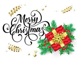 Merry Christmas greeting card of gift box and golden ribbon bow on New Year holly leaf or gold glitter confetti background . Vector Christmas calligraphy text for winter season holiday design template