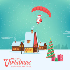 Cute happy smiling cartoon santa flying with parachute on rural winter landscape background. Christmas holiday village decoration for poster or postacrd. Merry Xmas greeting illustration.