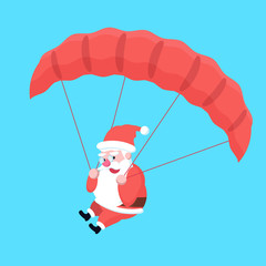 Cute happy fast flying with parachute cartoon Santa Claus. Christmas holiday character jumping with guardian for poster or postcard. Merry Xmas theme illustration in flat design.