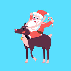 Cute happy cartoon Santa Claus riding reindeer. Christmas holiday character walking on deer. Merry Xmas theme illustration in flat design.