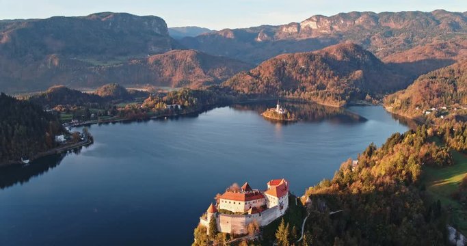 Aerial drone view of Bled castle and lake in autumn, Slovenia