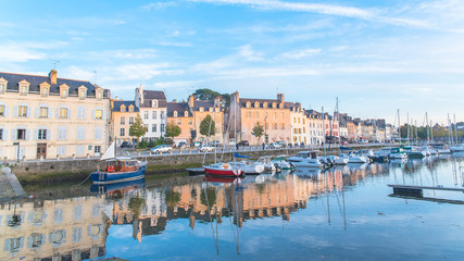 Houses and boats in the port of Vannes, magnificent city in Brittany
