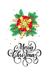 Merry Christmas greeting card of New Year gift and golden decoration ribbon bow on glittering confetti white background. Vector Christmas winter holiday calligraphy lettering design template