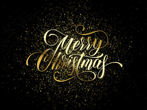 Merry Christmas wish greeting card of gold glitter confetti or sparkling fireworks on premium luxury black background. Vector golden calligraphy lettering design for New Year or Christmas holiday