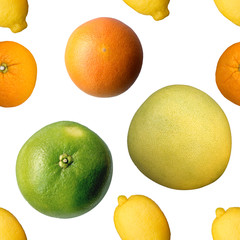Seamless pattern with citrus fruit flavors: orange, lemon, sweetie, pomelo