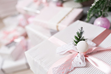 Christmas Gifts under the tree. Concept New Year celebration background.