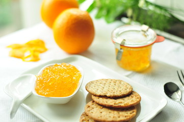 Set of morning breakfast on the white tablecloth, decorative breakfast conceptual.