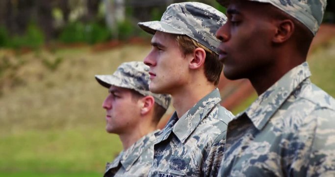 Group of us air force soldiers standing in line 