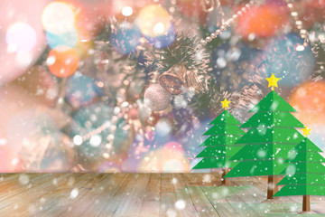Fototapeta na wymiar Empty wood table with snowfall and christmas tree - Abstract Christmas background. For holiday and new year concept.
