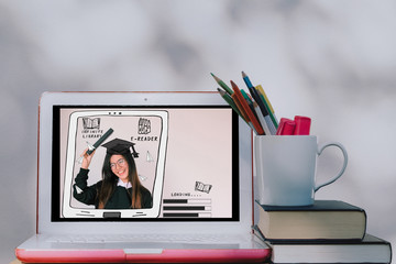 E-Learning and digital lifestyle Concept. Asian student woman  with education and E-learning illustration doodles in the laptop computer with bokeh wall back ground.