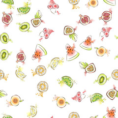 Vector seamless pattern with mixed fruits on white backgroud. Lifght backdrop.