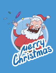 Christmas card with funny Santa Claus smiling and waving hand. Santa waves hello and throws some candies. Lettering on blue background. Round design element. Cartoon character vector illustration.