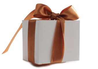Paper box and ribbon on white background