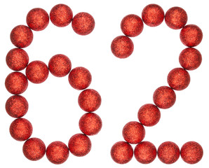 Numeral 62, sixty two, from decorative balls, isolated on white background