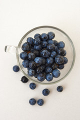 Blueberries in a glass cup. Healthy food.. Flat lay