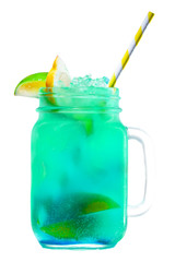 Cold and refreshing lemonade with lime and lemon in a mason jar with yellow straw isolated on white background