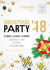 Christmas party 2018 invitation poster for 24 December winter holiday celebration. Vector golden Christmas and New Year gold glitter decoration and party gift presents on premium black background