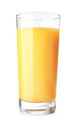 Glass of fresh orange juice on white background