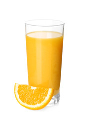 Glass of fresh orange juice on white background