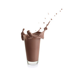 Glass with splashing cocoa, isolated on white