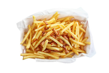 French fries and bacon in paper box, isolated on white