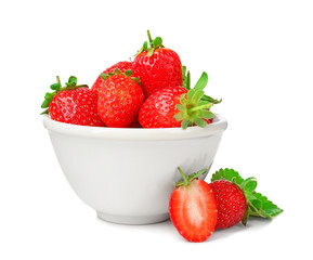 Fresh ripe strawberries in bowl, isolated on white