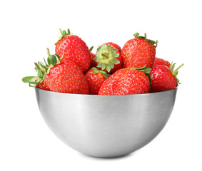 Fresh ripe strawberries in bowl, isolated on white