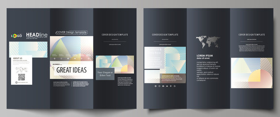 Tri-fold brochure business templates on both sides. Easy editable abstract vector layout in flat style. Minimalistic design with lines, geometric shapes forming beautiful background.