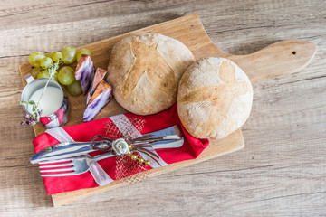Homemade bread and cheese made with blackberries table decoration