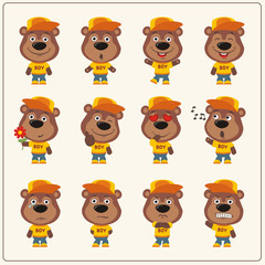 Set of teddy bear little boy in cartoon style. Collection of isolated teddy bear in clothes and cap.