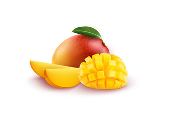 Ripe fresh mango with slices and leaves - obrazy, fototapety, plakaty