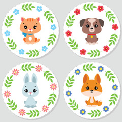 Set of cupcake toppers with cute animals. Vector illustration.