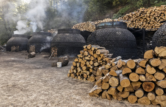 The production of charcoal in a traditional manner in the forest