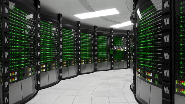 Modern working server room with rack servers. Cloud computing in datacenter, information storage, normal operation of computer equipment with flashing green light indicators. Seamless animation