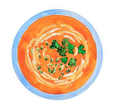 Pumpkin cream soup with green parsley in blue bowl above view watercolor painting. Isolated on white background
