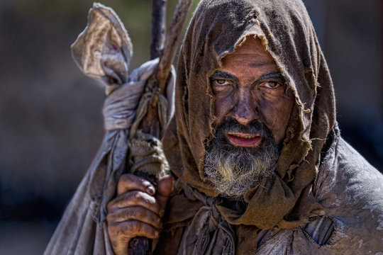 Close-up of a beggar.