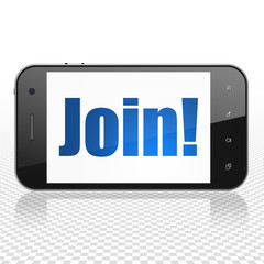 Finance concept: Smartphone with  blue text Join! on display,  Binary Code background, 3D rendering