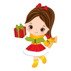 Vector Cute Little Girl with Christmas Gift Box