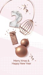 2018 New Year text design.  Trendy poster with copper and marble textures. Vector illustration