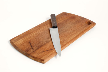 Design concept of mockup cutting board and knife set isolated on white background. Copyspace for text and logo. Clipping Path included on white background.
