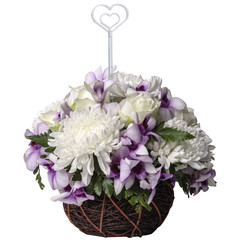 beautiful bouquet of colorful flowers in a basket with plastic for greeting card isolated on white
