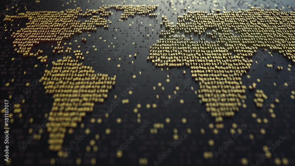 Poster world map contour made of golden numbers. modern digital technology, economic globalization or world