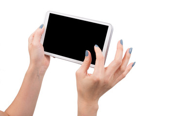 Hand using tablet isolated white clipping path inside