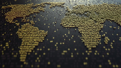 World map contour made of golden numbers. Modern digital technology, economic globalization or worldwide data transfer concepts. 3D rendering