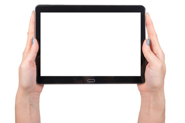 Woman hand using mock up digital tablet isolated clipping patch