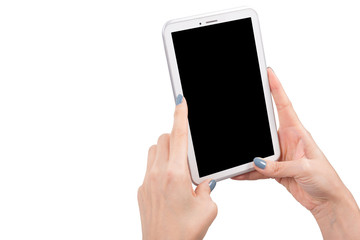 Hand using tablet isolated white clipping path inside