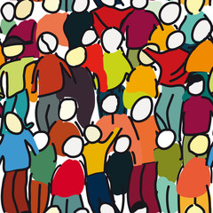 crowd of people hand drawing on white simple background pattern