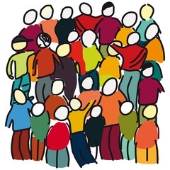 crowd of people hand drawing on white simple background