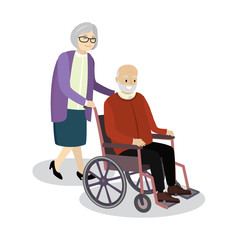 Grandmother rolls wheelchair in which sitting old man